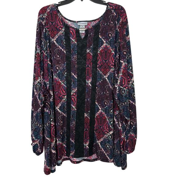 Catherine’s Jewel Tone Paisley Print Lace Inset Flowy Tunic Top 5X Dark Romantic - Picture 1 of 13